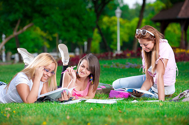 happy young high school students or gollege girls stock photo