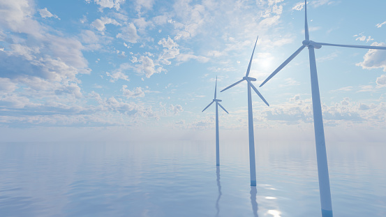 Offshore Wind Turbines Farm. Green ecological power energy generation. Floating wind turbines installed in sea. Alternative energy source. blue sky with cloud