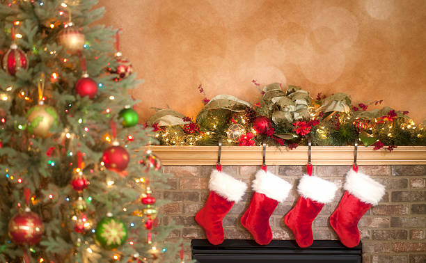istock Fireplace Decorated for Christmas on Gold 186624956