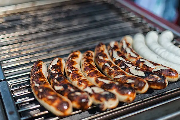 Typical St. Galler Bratwurst on grill