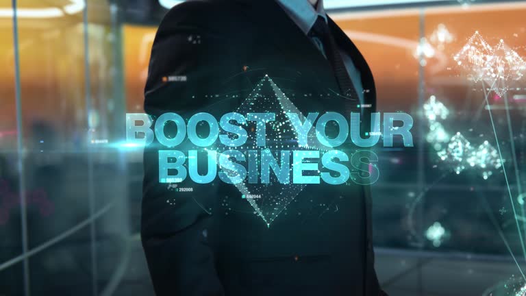 boost your business- businessman working with virtual reality at office.