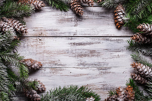 istock White shabby Christmas border with snow covered pinecones 186627210