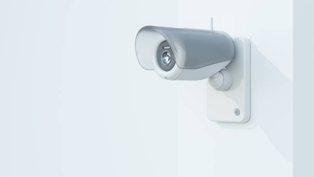 istock Security CCTV camera. Scan the area for surveillance purposes. Space on the side for text entry. technology or innovation background. Minimal idea concept. 1866298415