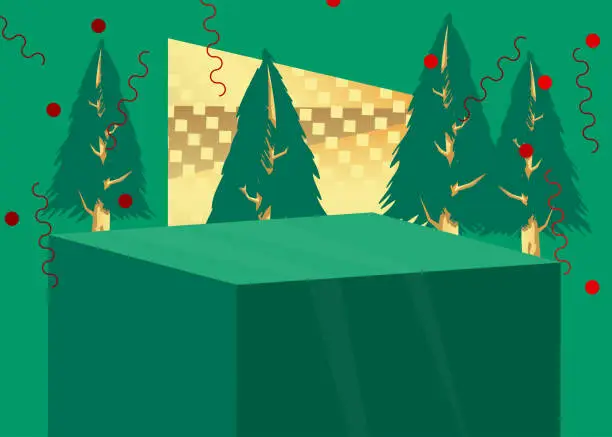 Vector illustration of Mockup product display with Christmas Pine Tree. Vector holiday cylinder pedestal podium. Stage showcase for presentation. Minimal geometric forms.
