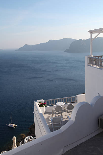 istock Hotel and romantic balcony on Santorini island 186634262