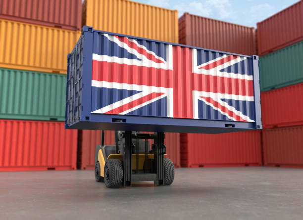 istock Forklift truck lifting container with Great Britain flag, Clipping path 1866350152