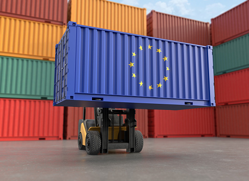 Forklift truck lifting container with European Union flag, Clipping path. 3D illustration