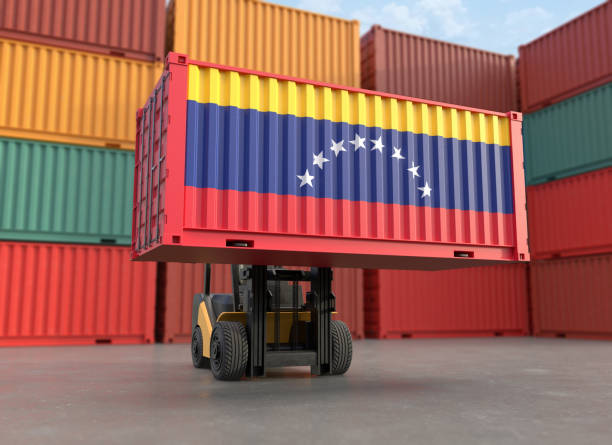 istock Forklift truck lifting container with Venezuela flag, Clipping path 1866354383