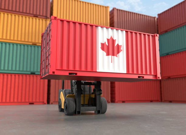 istock Forklift truck lifting container with Canada flag, Clipping path. 1866354419