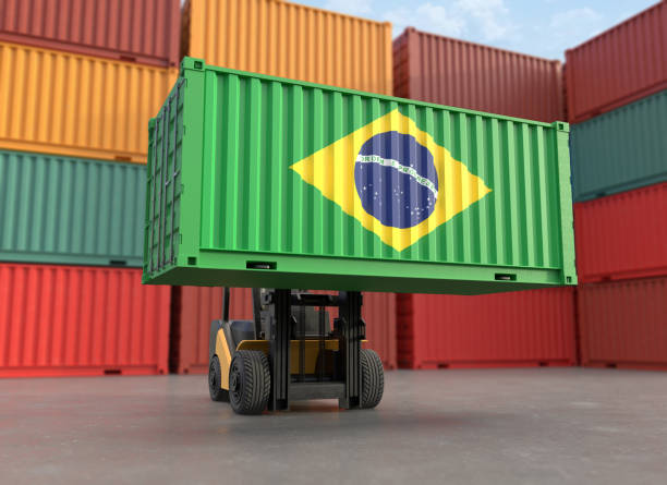istock Forklift truck lifting container with Brazil flag, Clipping path. 1866354590