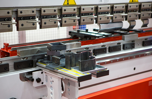 CNC synchronize hydraulic press brake bending machine. Industrial metalwork machinery.