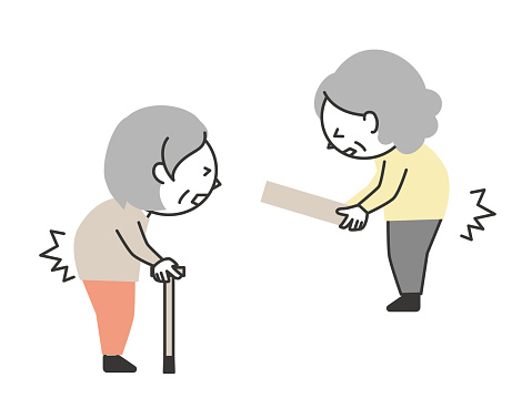 A senior woman with back pain. A woman walking with a cane and a woman lifting luggage. A simple and cute cartoon-style senior illustration.