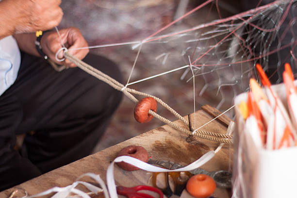 Weaving fishnet Man weaving a fishnet rope string commercial fishing net closed stock pictures, royalty-free photos & images