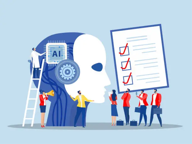 Vector illustration of Businessmen offer new idea or innovation robot with artificial  intelligence Financial investments in creative projects and into innovation. Flat vector illustration.