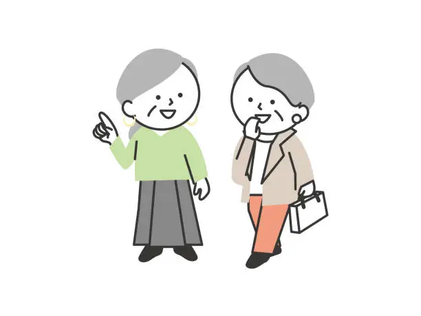 Vector illustration of Two senior women walking while talking.