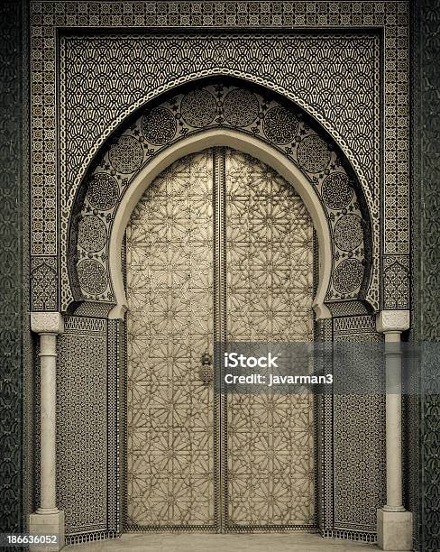 Ancient Gold Doors And Grey Portico In Morocco Stock Photo - Download Image Now - Door, Marrakesh, Moroccan Culture