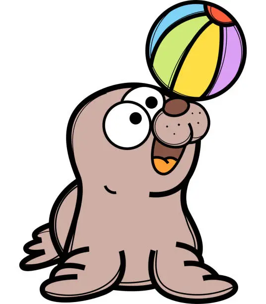 Vector illustration of Funny seal playing with ball cartoon