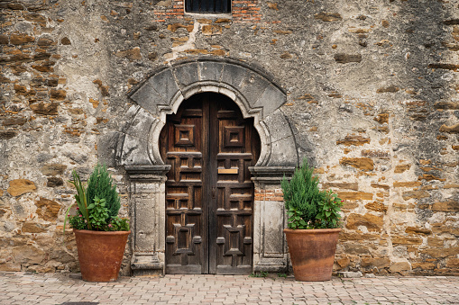 Mediterranean house door and window with flower pots in front of wall