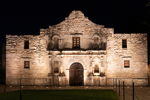 Alamo Mission at night, Missions National Park, San Antonio, TX, USA