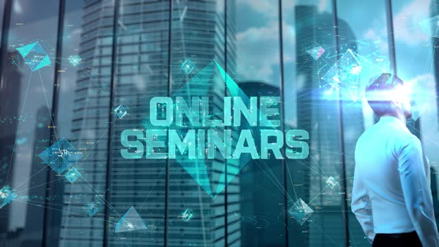 Online seminars. Businessman Working in Office among Skyscrapers. Hologram Concept