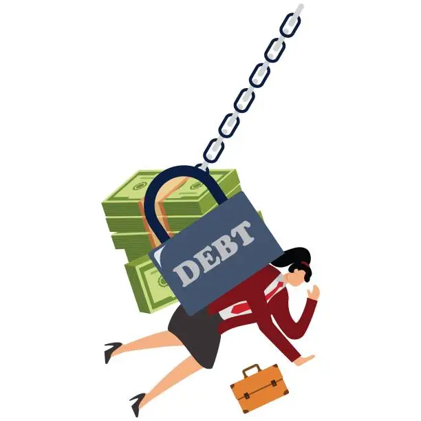 Vector illustration of Huge debt Businesswoman, Business Finance and Industry, Businessman, Counterweight, Crisis, Danger