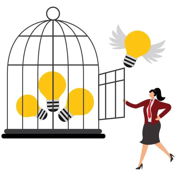 Vector illustration of Open cage with idea bulb Businesswoman