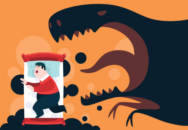 fat man sleeping in bed and having nightmare that angry dinosaur approaching vector art illustration
