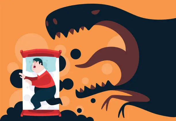 Vector illustration of fat man sleeping in bed and having nightmare that angry dinosaur approaching