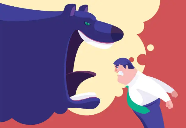 Vector illustration of angry businessman facing furious bear from imagination