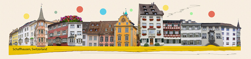 Beautiful facades of historic houses at the old town of Swiss City of Schaffhausen Art collage or design