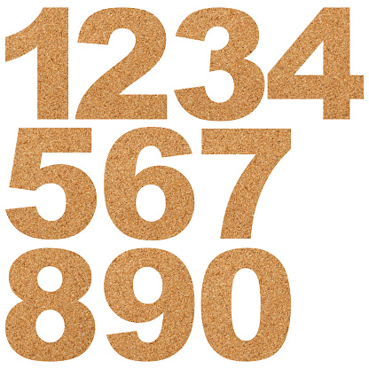 Close-up of cork numbers from 0 to 9 on white background.