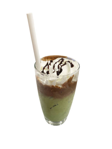 istock Matcha Chocolate Latte topped with whipped cream & chocolate sauce isolate on white background 1866506323