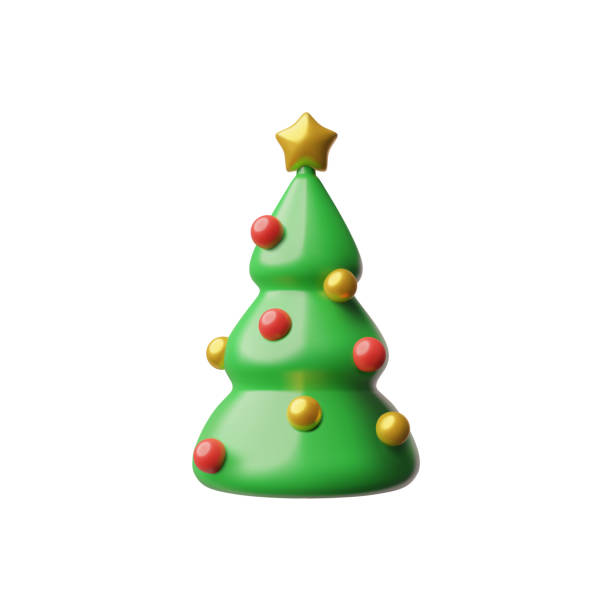 istock Stylized 3d render green Christmas tree with glossy red and yellow ornaments topped with a golden star for holiday joy. 1866516070