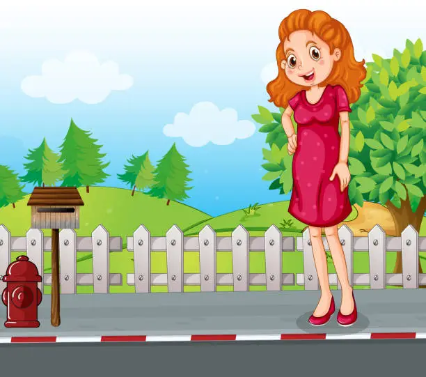 Vector illustration of woman at roadside near the wooden mailbox