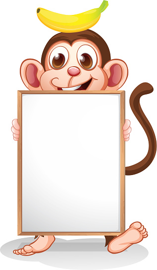 monkey with a banana above his head holding an empty whiteboard on a white background