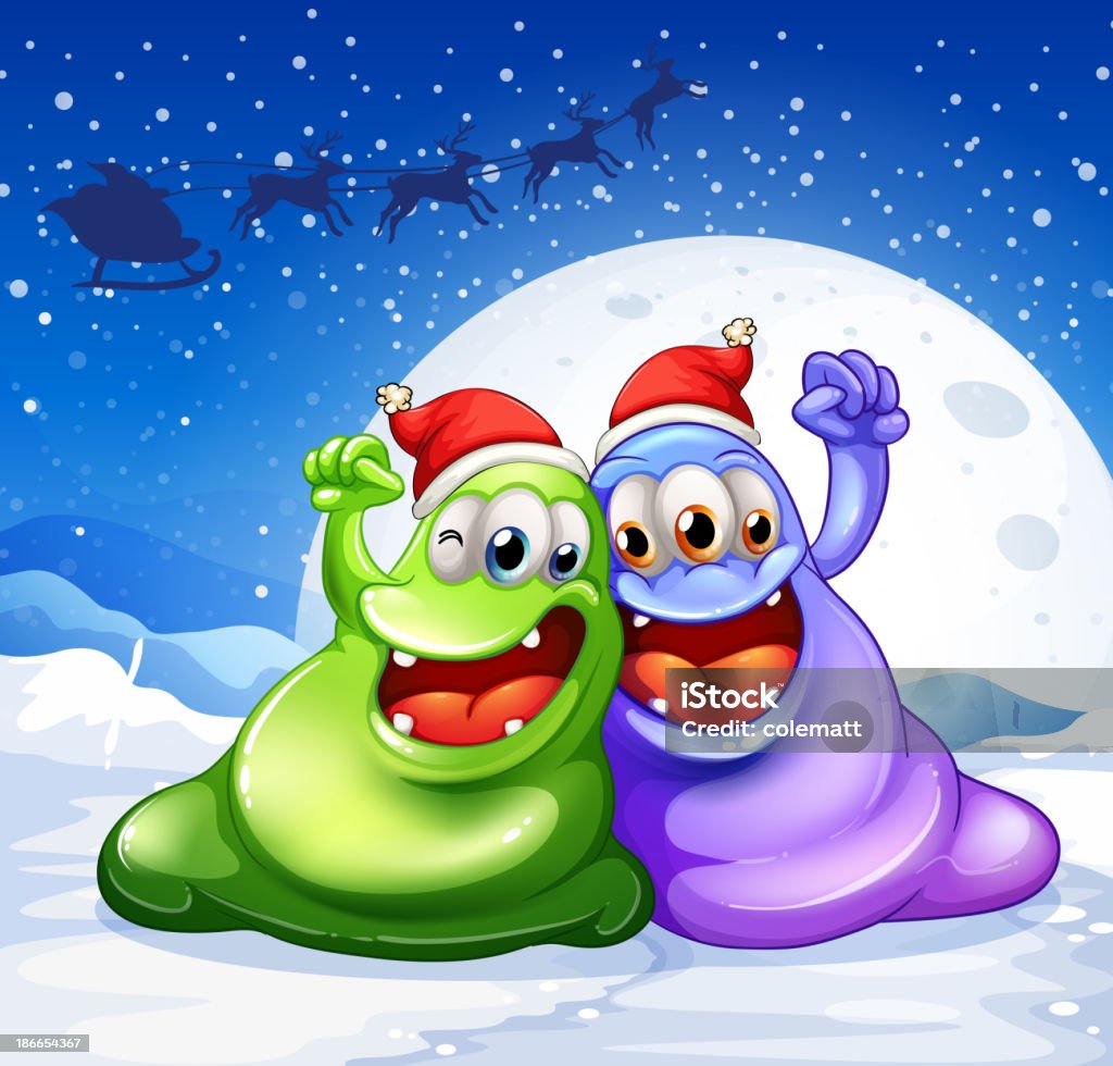 Vert et violet monster portant Chapeau rouge de Noël - clipart vectoriel de Bleu libre de droits