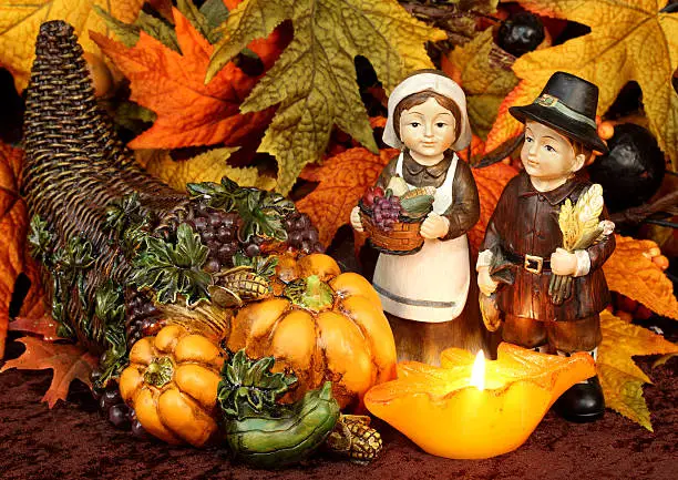 Photo of Thanksgiving Pilgrims Cornucopia Autumn Leaves