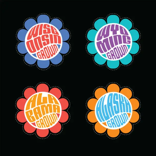 Vector illustration of Set of retro psychedelic daisies with US state names for travel stickers, t-shirt designs, labels, design elements.