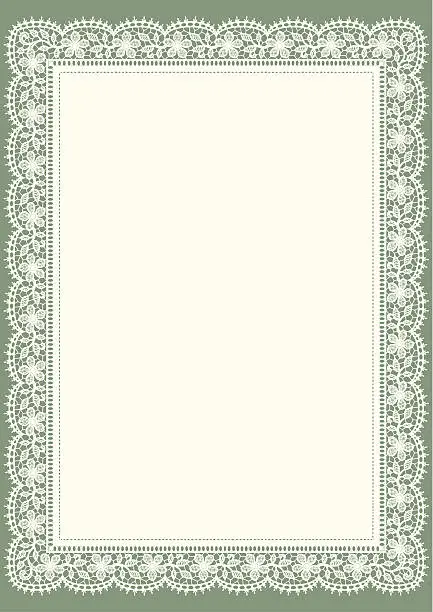 Vector illustration of Doily. White Lace. Floral Frame. Green Background.