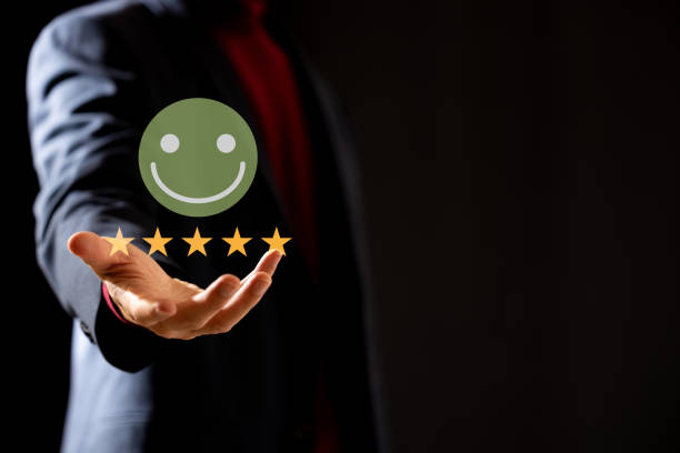 istock customer services best excellent business rating experience. Satisfaction survey concept. Hand of a businessman chooses a 5 Star Satisfaction. 1866553821