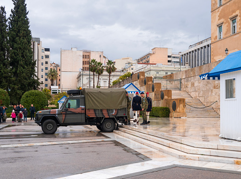 Setubal, Portugal: Portuguese Army MIM-72A/M48 Chaparral on parade with camouflage nets - self-propelled surface-to-air missile system based on the AIM-9 Sidewinder air-to-air missile system. The launcher vehicle is based on the M113 family of vehicles - BrigMec / Brigada Mecanizada BAA BMI.