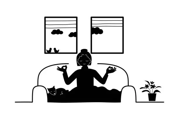 Vector illustration of Silhouette of a happy introvert woman doing meditation on a couch at home with a dog.