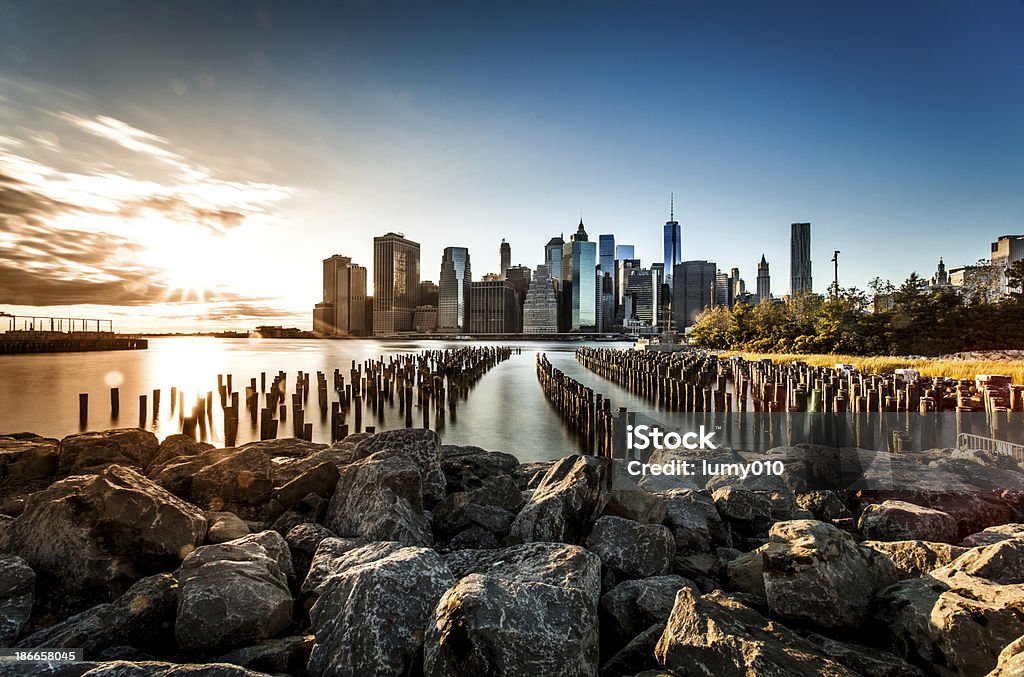 Lower Manhattan skyline financial district Sunset at Lower Manhattan Aerial View Stock Photo