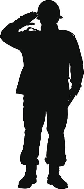 istock Front full body silhouette of a military man saluting 186660066