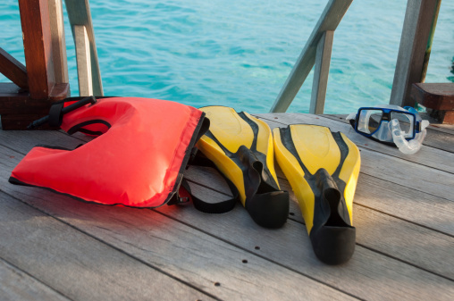the equipments for snorkeling, mask fin and lifebuoy