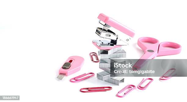 Pink Stapler With Office Accessories Stock Photo - Download Image Now - Business, Clip - Office Supply, Close-up