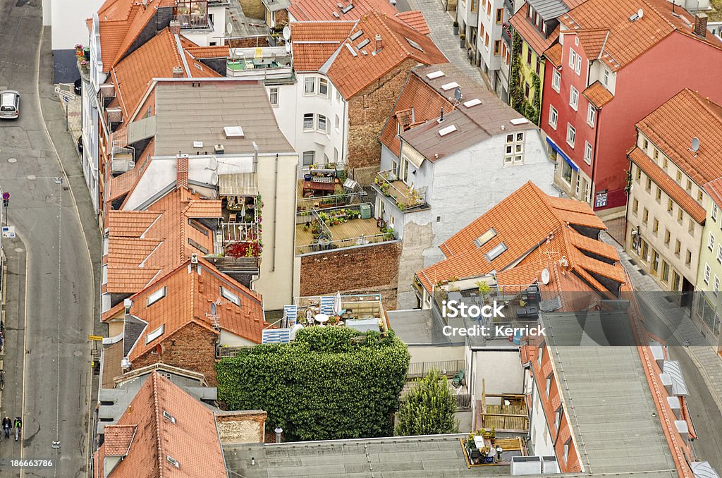 roofs of a city with roof-gardens roofs of the city Jena - Germany. Some small roof-gardens visible Above Stock Photo