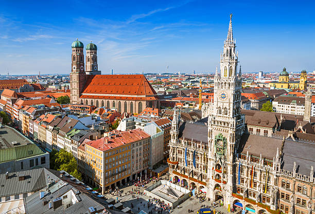Munich, Germany - Aerial view of the City Centre Aerial view of Munich, Germany: Marienplatz, New Town Hall and Frauenkirche munich cathedral photos stock pictures, royalty-free photos & images