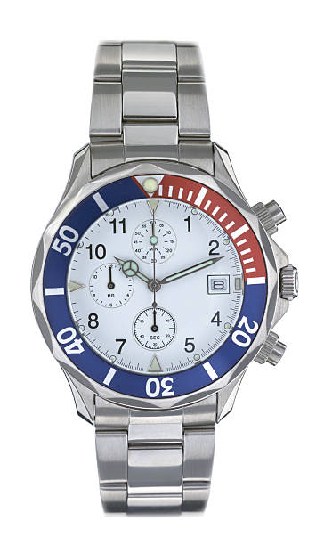 istock Steel cronograph watch with blue and red bezel, white face 186664406