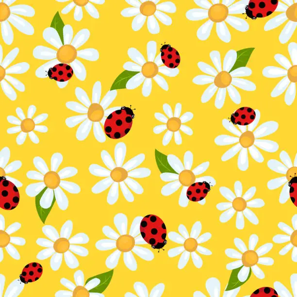 Vector illustration of Seamless spring pattern with simple chamomile and ladybug. Print for fabric and wrapping paper.